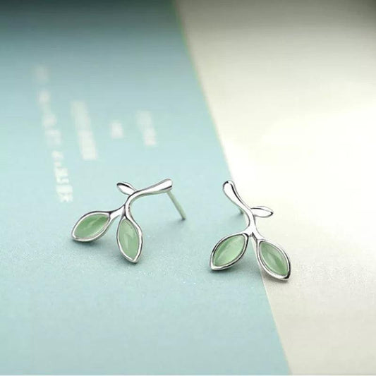 925 Sterling Silver Earrings with Green Leaf - Purpyou