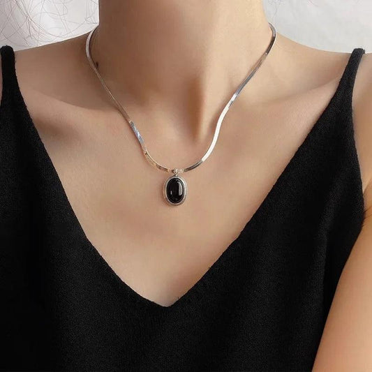 925 Sterling Silver Necklace with Black Agate - Snake Bone Chain - Purpyou